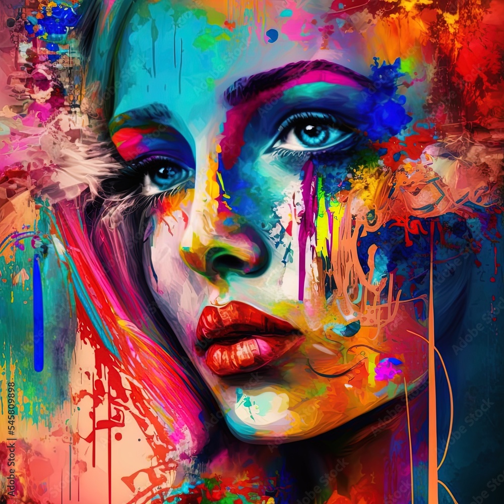 Her World series. Backdrop of female portrait fused with vibrant paint on the subject of feelings, emotions, inner world, creativity and imagination
