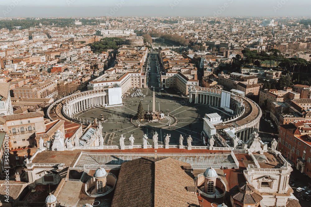 Italy, Rome, Vatican, St. Peter's Cathedral, top view of the square, main square, city panorama.