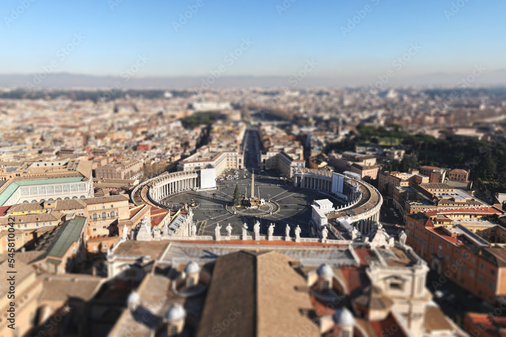 Italy, Rome, Vatican, St. Peter's Cathedral, top view of the square, main square, city panorama.
