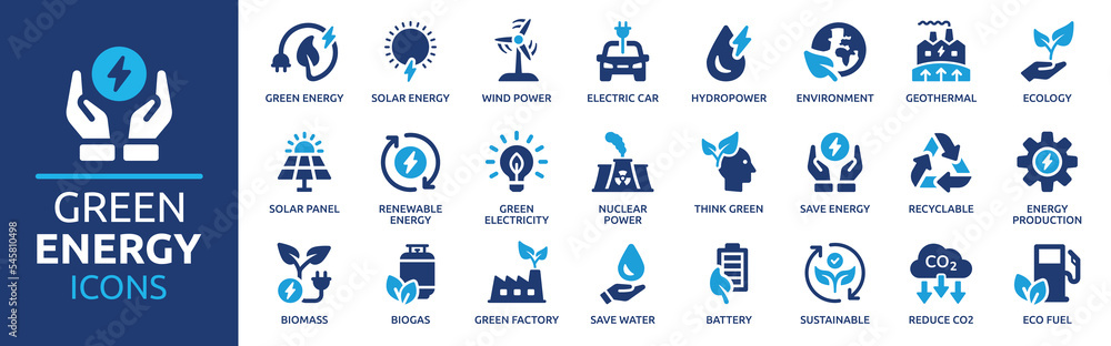 Green energy icon set. Collection of renewable energy, ecology and green electricity icons. Vector illustration. - obrazy, fototapety, plakaty 