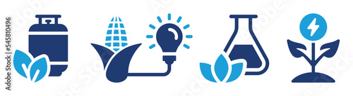 Biomass energy icon set. Containing biogas, plant power, biofuel icons. Environmental resource vector illustration.