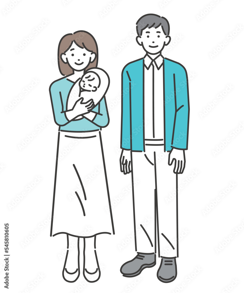 赤ちゃんを抱く若い夫婦のベクターイラスト素材／子育て／育児／支援