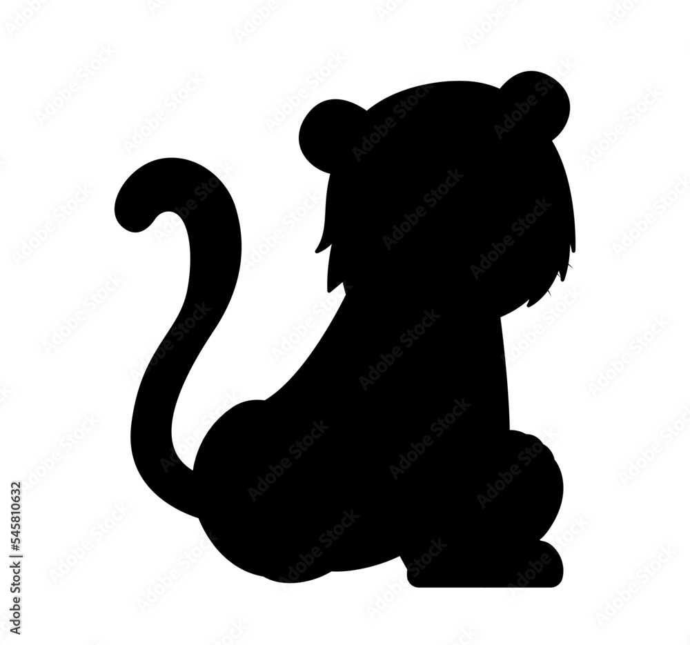 Obraz premium Dark silhouette of tiger. Shadow of small puppy, abstract figure. Poster or banner for website. Charming and adorable animal. Pets and Mammals, biology and fauna. Cartoon flat vector illustration