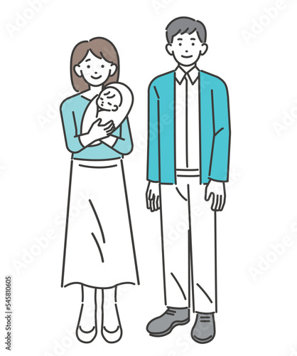 赤ちゃんを抱く若い夫婦のベクターイラスト素材／子育て／育児／支援