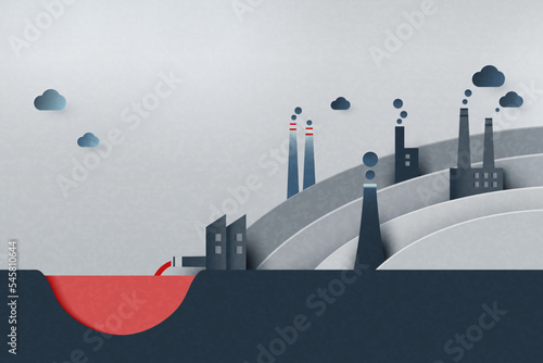Industry chimney pollution with smoke in environment.Global warming and climate change concept.Environment landing page website template background.Paper art vector illustration.