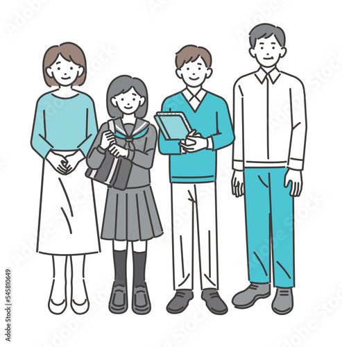 中年夫婦と10代の子供たちのベクターイラスト素材／子供／子育て
