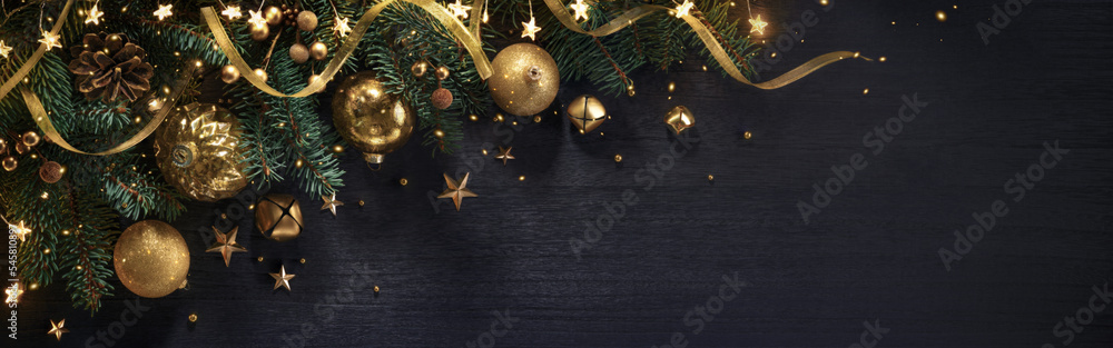 Christmas background with fir branches and gold christmas balls - obrazy, fototapety, plakaty 