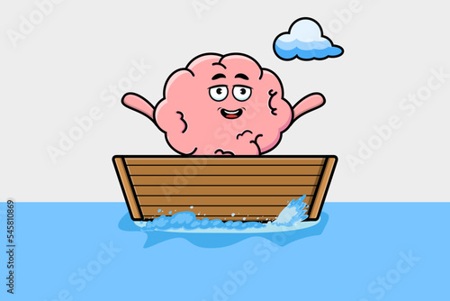 cute cartoon Brain get on boat in vector character illustration