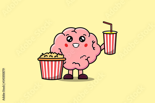 Cute cartoon Brain with popcorn and drink ready to watching film in cinema