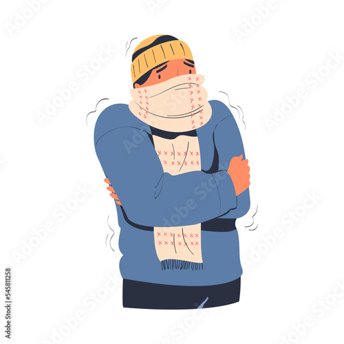 Man wearing knitted sweater, scarf and hat feeling freeze trying to warm during winter or autumn season cartoon vector illustration
