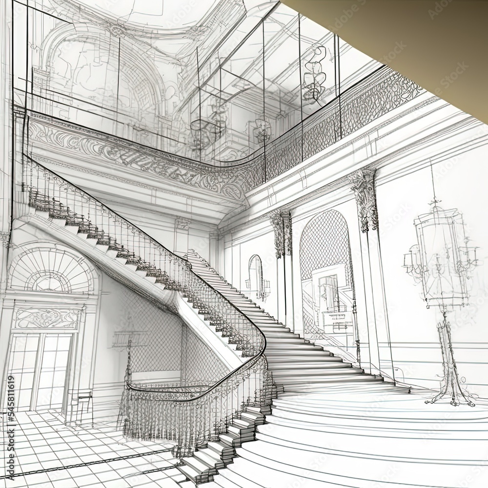 sketch design of stair hall ,3dwire frame render