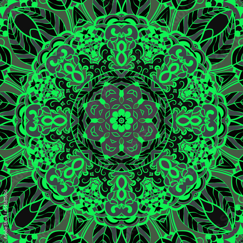 Seamless tile texture. Tracery mehndi design image. Dark toxic colors. Ethnic doodle art. Curved doodling picture. Vector