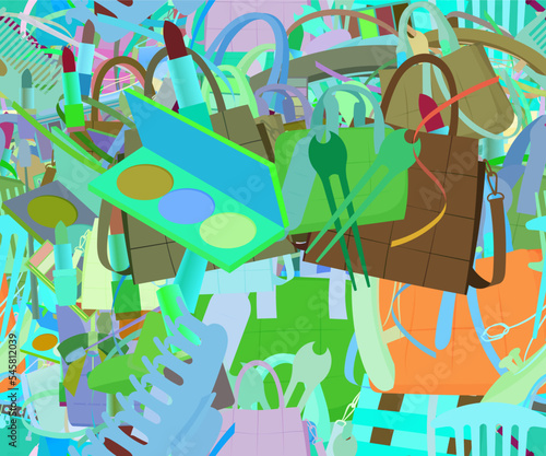 Background pattern abstract seamless design texture. Theme is about content, narrow goods, hairpin, casual, glamour, comb, thread, confetti, clip, lady, Laptop Backpack, office, small, maquillage