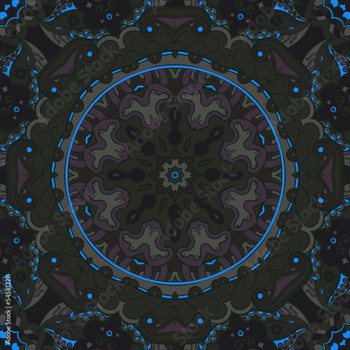 Seamless tile texture. Tracery mehndi design image. Dark toxic colors. Ethnic doodle art. Curved doodling picture. Vector