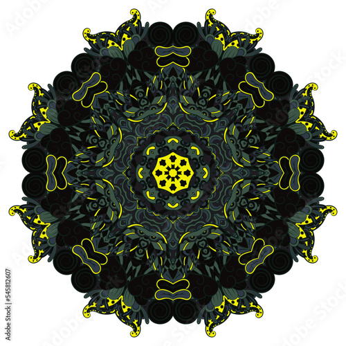 Mandala. Tracery wheel image. Mehndi design. Dark toxic colors. Ethnic doodle art. Curved doodling picture. Vector