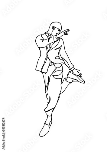 Single continuous line drawing of young energetic hip-hop dancer man.Urban generation lifestyle concept.