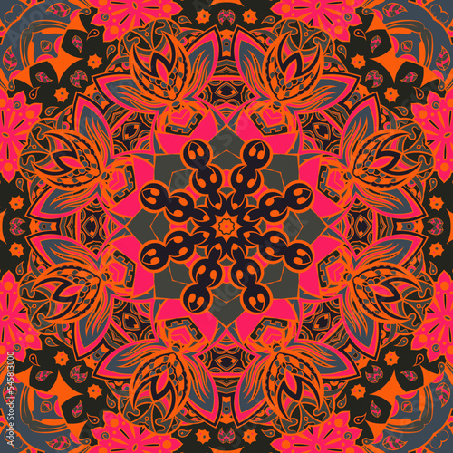 Seamless tile texture. Tracery mehndi design image. Dark toxic colors. Ethnic doodle art. Curved doodling picture. Vector