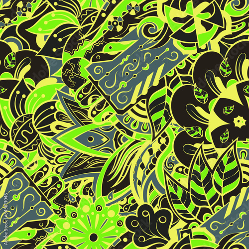 Tracery seamless pattern. Mehndi design. Dark sharp colors. 6 colors. Ethnic doodle texture. Curved doodling background. Vector