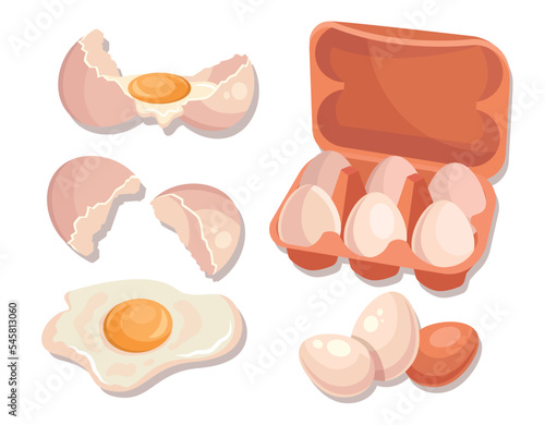 Fresh eggs collection. Set of graphic elements for website. Farming and agriculture concept. Protein natural and organic product. Cartoon flat vector illustrations isolated on white background