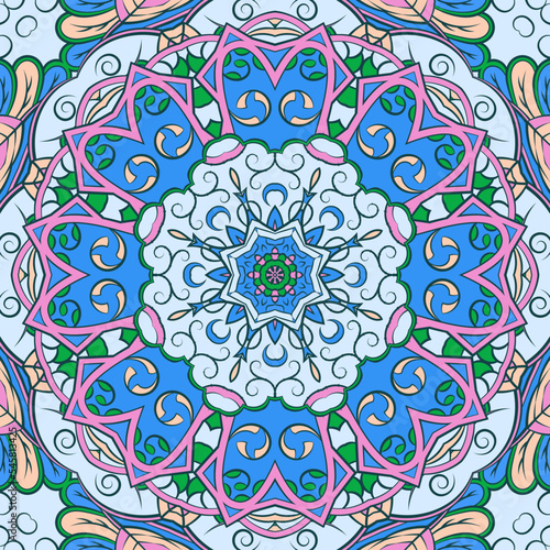 Seamless tile texture. Tracery mehndi design image. Ethnic doodle art. Curved doodling picture. Vector