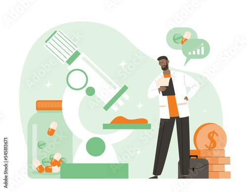Pharmacological business concept. Man evaluates medications, young guy in coat looks at pills. Scientific experiment in laboratory. Medical poster or banner. Cartoon flat vector illustration