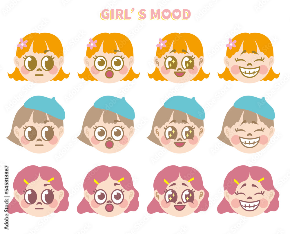 4 kinds of different emoticons of three cute girls. Orange short hair little girl's facial expression. Set of girl face avatar cartoon, group of various kids emotion icon. 4 kinds of different emoticons of three cute girls. Orange short hair little girl's facial expression. Set of girl face avatar cartoon, group of various kids emotion icon.