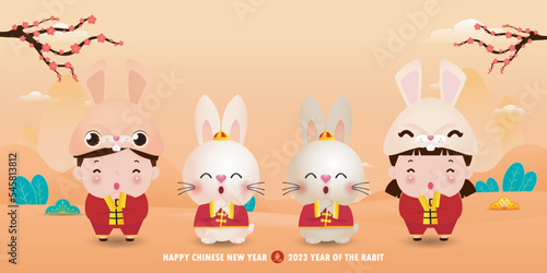 Happy Chinese new year 2023 banner template year of the rabbit zodiac with little kids and bunny greeting gong xi fa cai, brochure, calendar background vector design, Translation happy new year