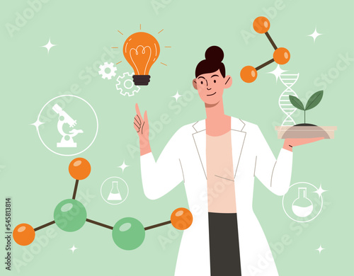 Scientist with new idea. Young girl studies chains and molecules. Biology and chemistry. Development of medicines and cosmetic products. Medical poster or banner. Cartoon flat vector illustration
