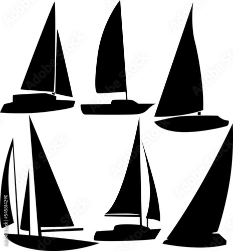 A set of six silhouettes of sailing yachts.