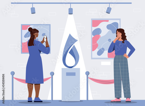 Modern art museum. Two girls at exhibition looking at paintings and statues. Cultural recreation, leisure and hobby. Women in gallery concept. Poster or banner. Cartoon flat vector illustration