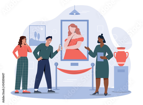 People visiting museum. Men and women examine painting and other works of art. Cultural rest, characters near picture. Exhibition and gallery, poster or banner. Cartoon flat vector illustration