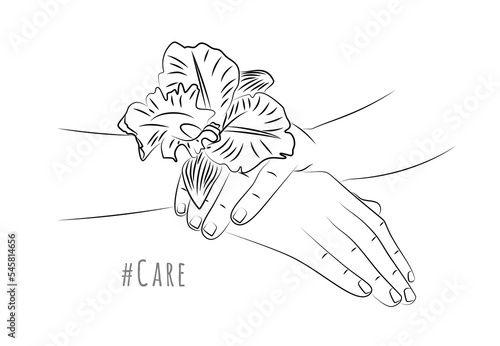 Beautiful female hands with orchid flower close-up. Care for hands and nails, spa treatments. Time for relaxing hand baths and natural manicures. Concept organic skin care. Editable linear sketch