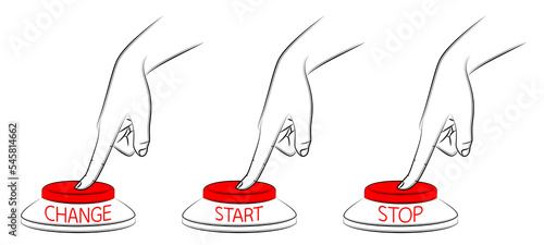 Finger presses button with inscriptions STOP, START, CHANGE. Decision management concept. Readiness for changes in life. Start new life. Stop bad habits. Sketch, editable linear contour drawing
