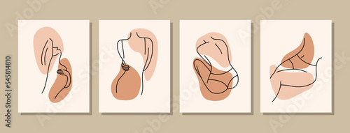 Female body line. Collection of minimalistic pictures. Aesthetics, elegance and beauty, posters, covers or banners for website. Cartoon flat vector illustrations isolated on beige background