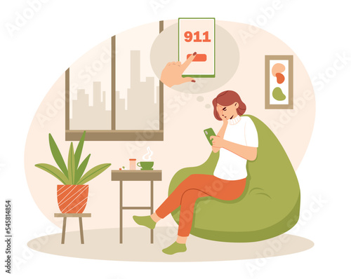 Woman sick at home. Young girl tries to call 911 and holds her head, pain. Character with pills and drugs. Health care and first aid. Poster or banner for website. Cartoon flat vector illustration