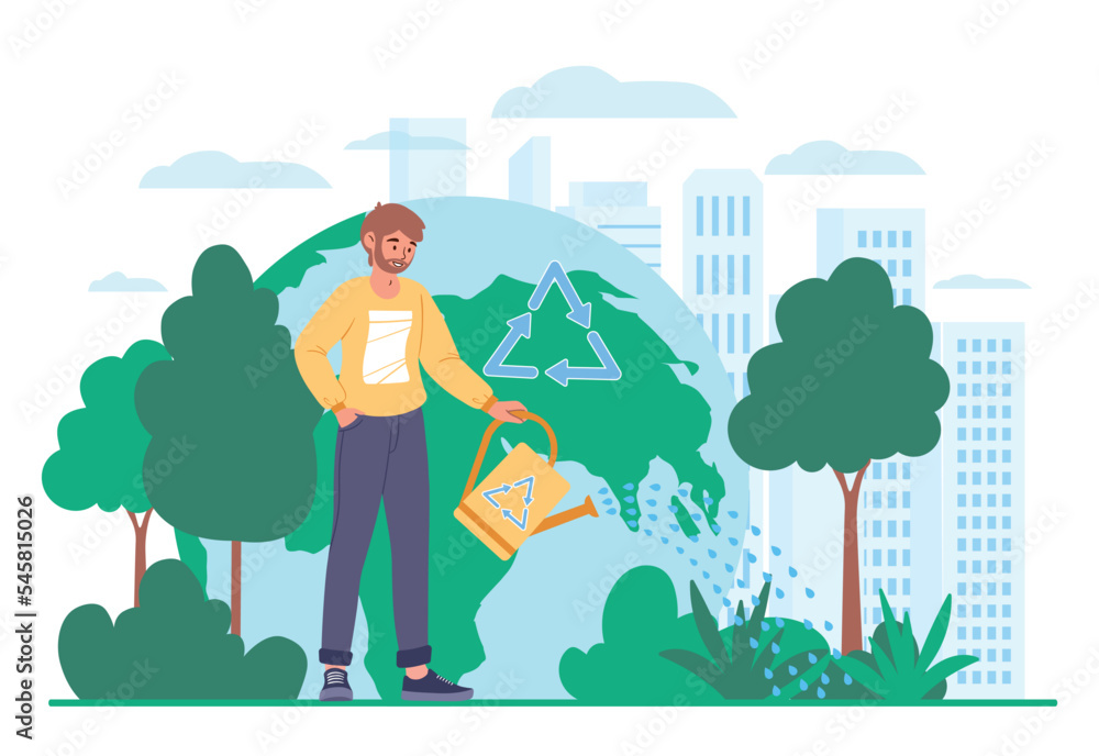 Man save planet. Young guy watering grass and trees. Eco friendly society, activist and volunteer. Motivational poster or banner for website. Ecology and environment. Cartoon flat vector illustration