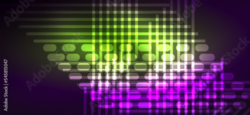 Background neon glowing lines and geometric shapes. Lights in the dark wallpaper for concept of AI technology, blockchain, digital, communication, 5G, science