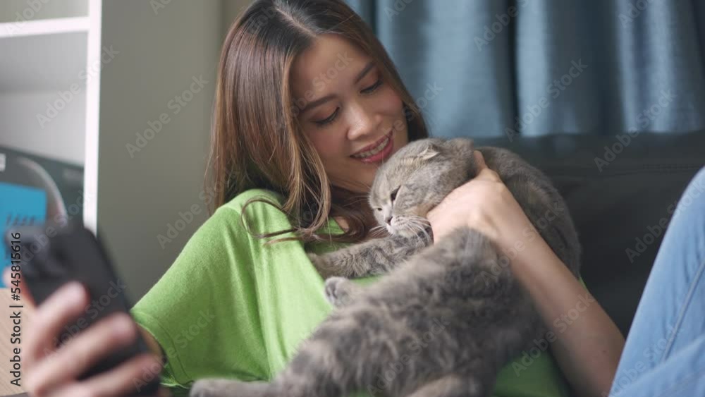 Asian attractive woman swiping mobile phone in living room at home. Asian attractive woman swiping mobile phone in living room at home.