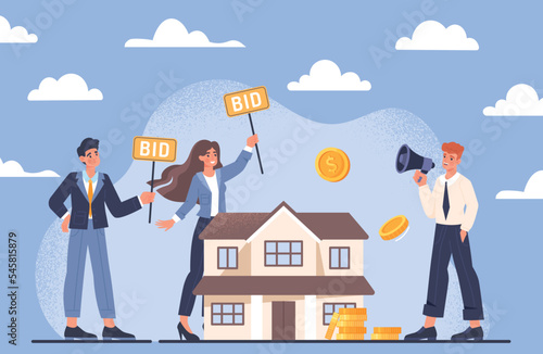 Buying house from auction. Trade and choose best price. Transactions with secondary real estate, offers from banks. Financial literacy and passive income, investing. Cartoon flat vector illustration