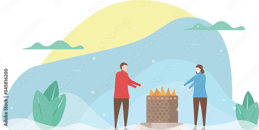 Naklejka premium Lover is warming by the fire in the field of park. Couple of love design for winter season. Vector illustration in flat style.