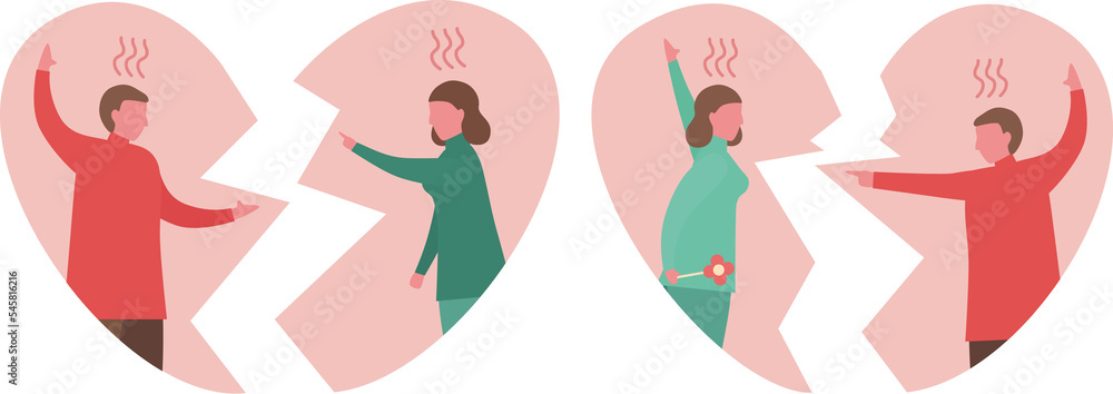 Men argue with women. Couple of love design for winter season. Vector illustration in flat style.