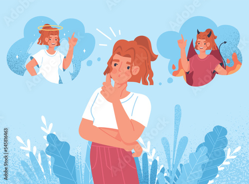 Ethical dilemma concept. Woman chooses between angel and demon. Young girl chooses model of behavior. Good or evil, inner voice. Poster or banner for website. Cartoon flat vector illustration