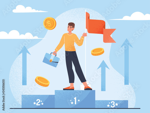 Finance leader concept. Man with red flag and briefcase on first place of podium. Financial literacy and passive income, economics. Poster or banner for website. Cartoon flat vector illustration