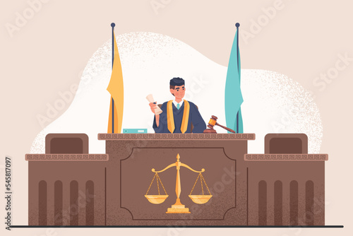 Judge in courtroom. Man in robe and with hammer approves code of laws or makes decision. Lawyer and jurisprudence, civil rights. Poster or banner for website. Cartoon flat vector illustration