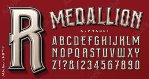 Medallion alphabet is a condensed layered alphabet with gradient, outline, and shadow effects, and an old-world flair.