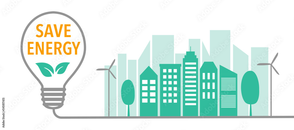 Save energy concept vector illustration. Eco city with lightbulb in flat design on white background.