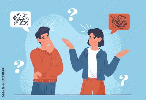 Problems in communication. Man does not understand what woman saying to him. Communication and interaction, mental health. uncertainty and confusion. Poster or banner. Cartoon flat vector illustration