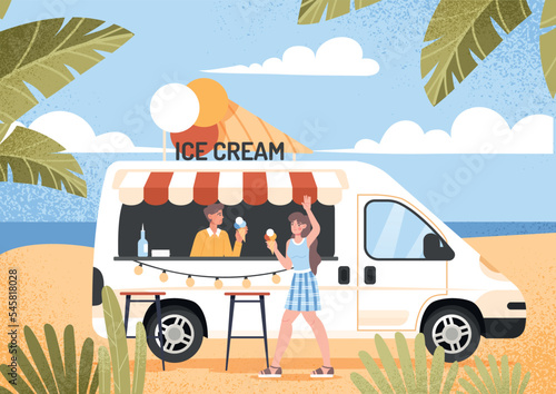 Summer party concept. Man and woman with ice cream on beach. Young couple resting, seller and buyer. Symbol of hot weather and summer season. Poster or banner. Cartoon flat vector illustration