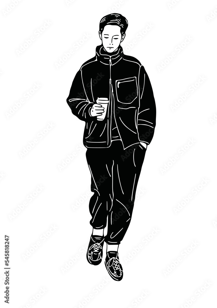 Man holding coffee cup Hipster People streetwear Hand drawn line art Illustration Man holding coffee cup Hipster People streetwear Hand drawn line art Illustration