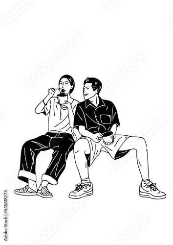 men and women sitting together eating instant noodles hand drawn art illustration